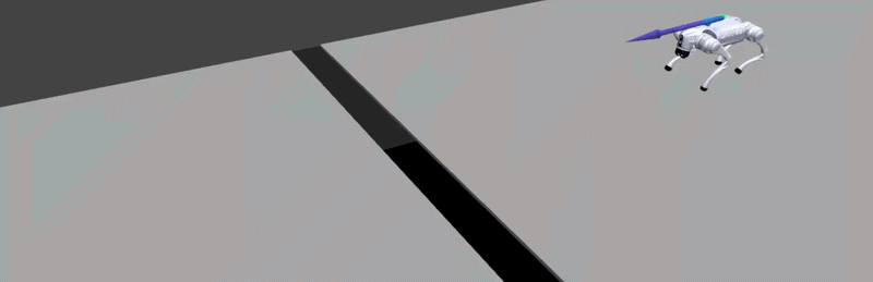 A Go2 quadruped crossing a gap on natural parkour terrain under a learned reach-avoid safety filter
